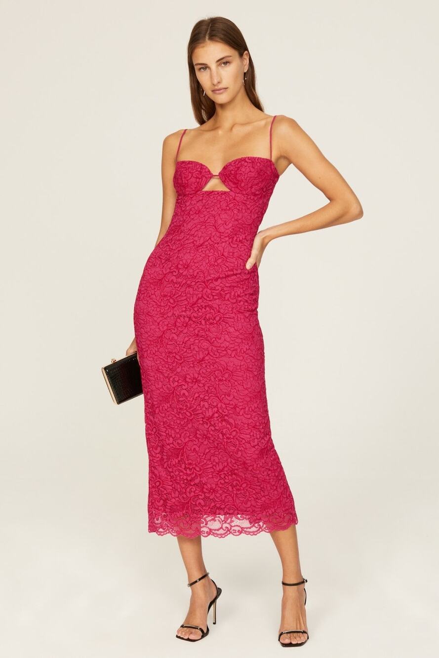 BARDOT Vibrant Pink Ivanna Lace Peek-A-Boo Cutout Midi Dress Size US 2